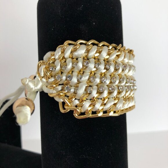 Wide Cuff Crochet Rhinestone Chunky Chain Adjustable Bracelet Gold Tone - Picture 2 of 6
